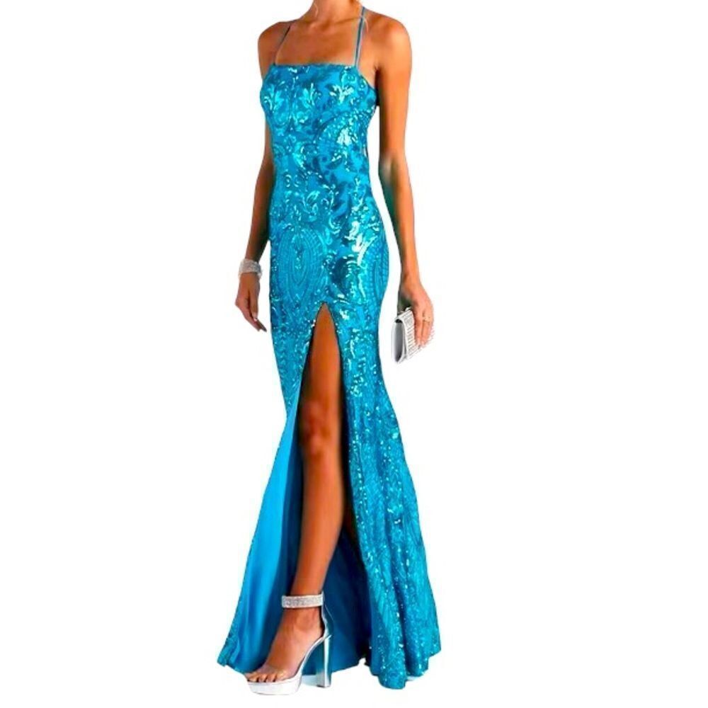 Winsor Turquoise Print Sequins Long Side Slit Maxi Dress Size L